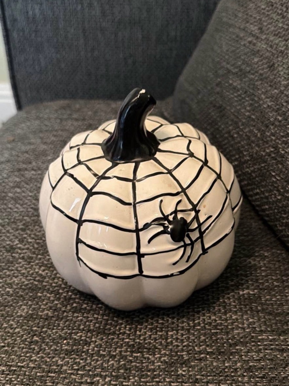 Ceramic White Pumpkin with Black Spider Web Accent - Home Art
